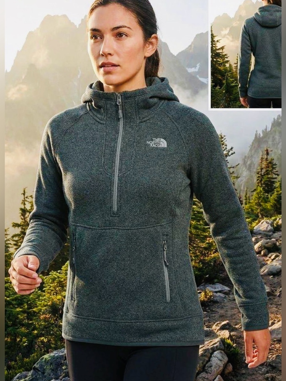 The North Face 1/4 Zip Hooded Jacket Green Fleece Lined Womens XL Gorpcore